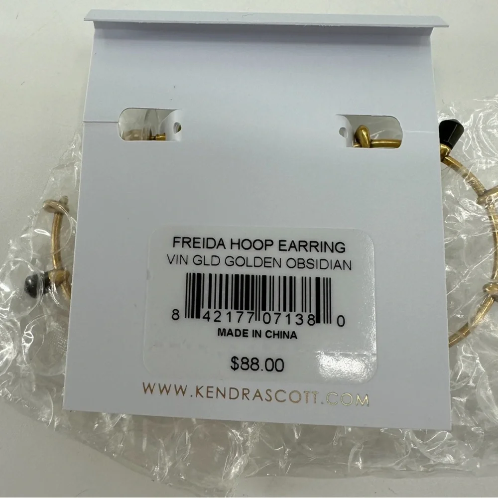 Kendra Scott Freida Hoop Earrings Vintage Gold Obsidian New with Tag